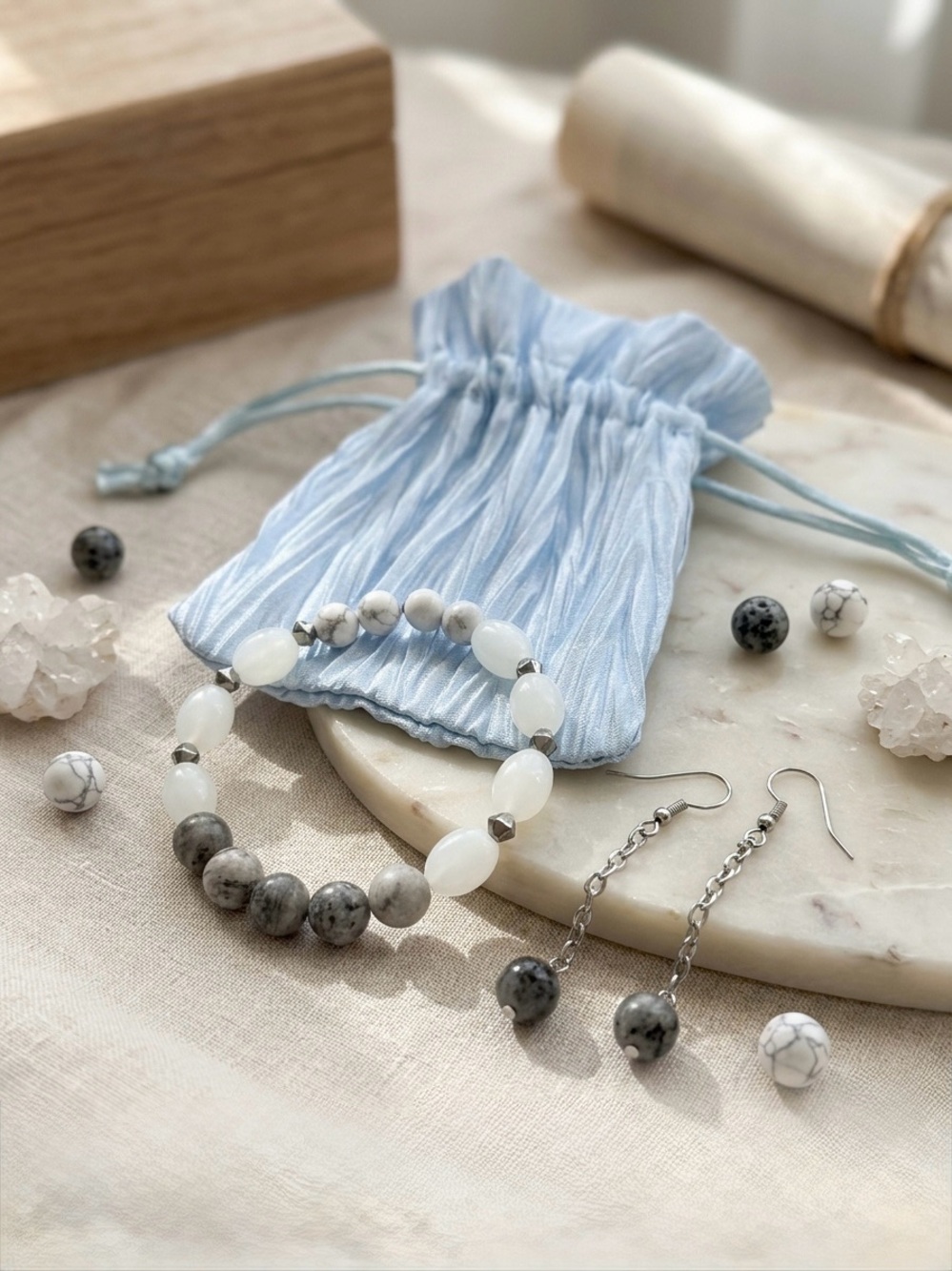 White & Grey Stone Beaded Bracelet & Dangle Earrings Jewelry Set